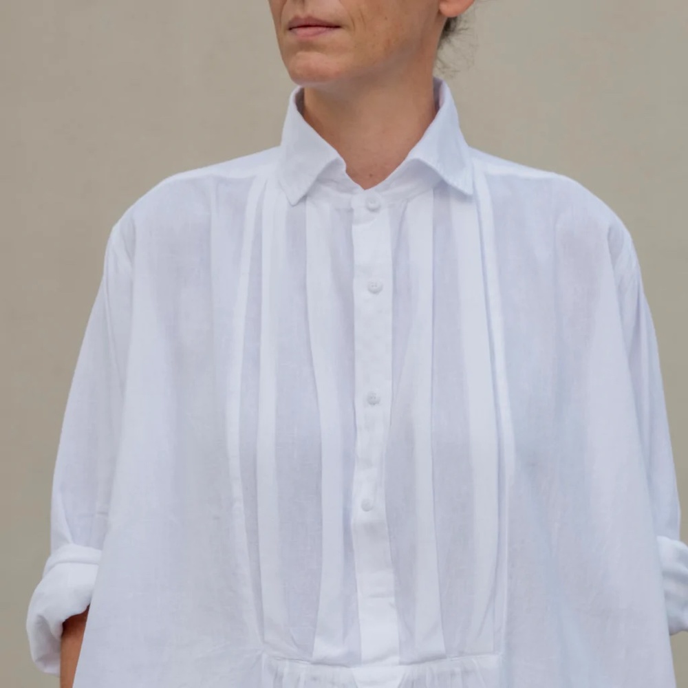Superfussy French style Montbéliard White Linen Unisex Shirt Dress with Collar
